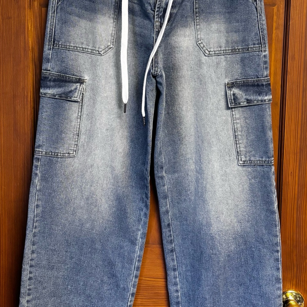 Casual Blue Cargo Wide Leg Jeans
